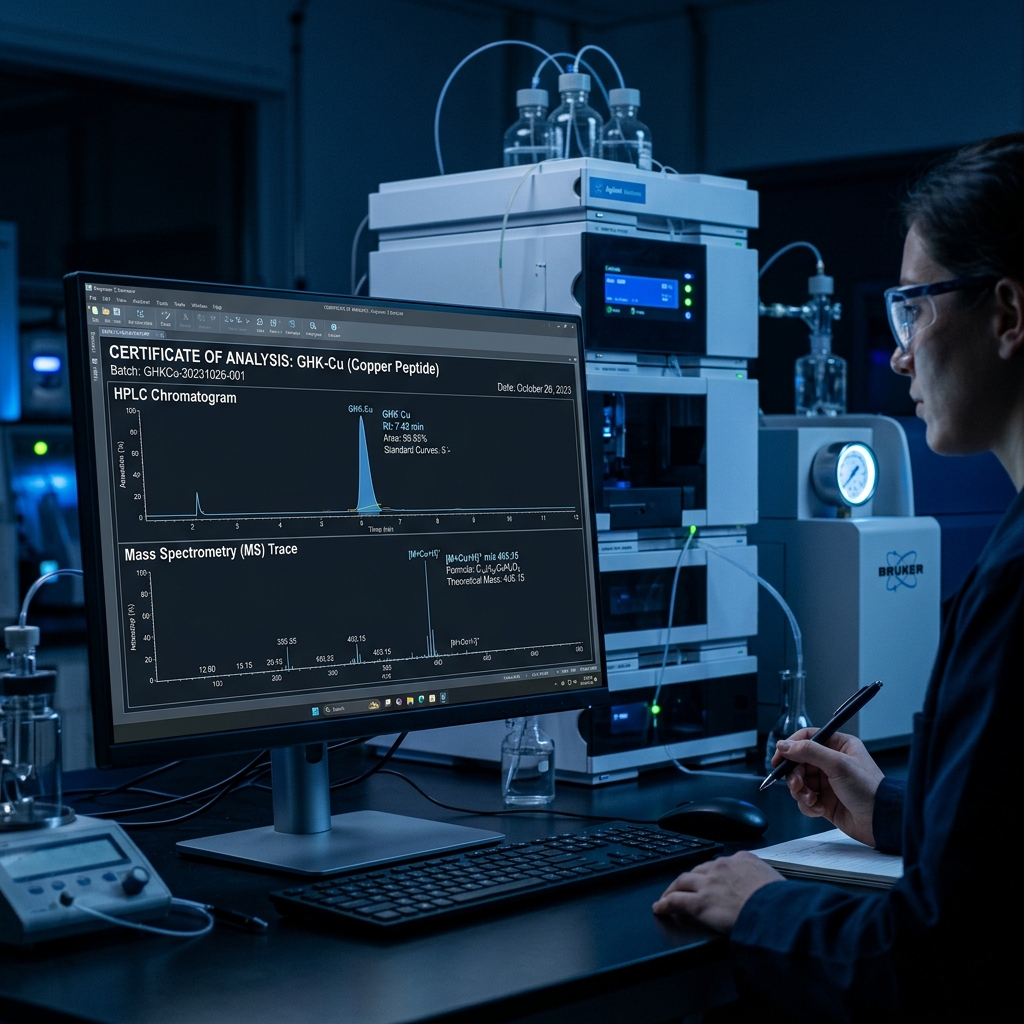 HPLC chromatogram and mass spectrometry trace for GHK-Cu peptide