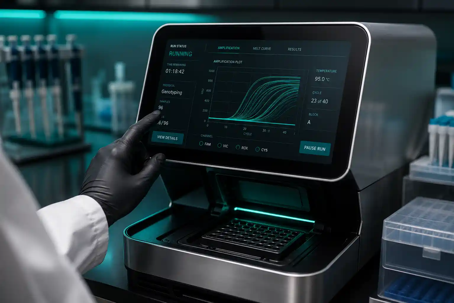 Laboratory technician processing DNA samples on genotyping equipment in a CLIA-certified facility