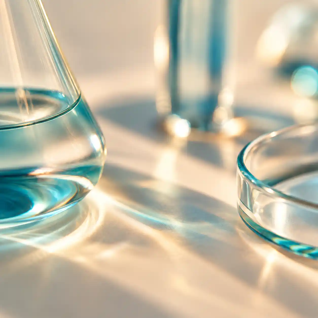 Laboratory glassware, including an Erlenmeyer flask of clear blue solution and a glass petri dish, representing the independent HPLC and mass spectrometry purity testing behind every peptide Certificate of Analysis